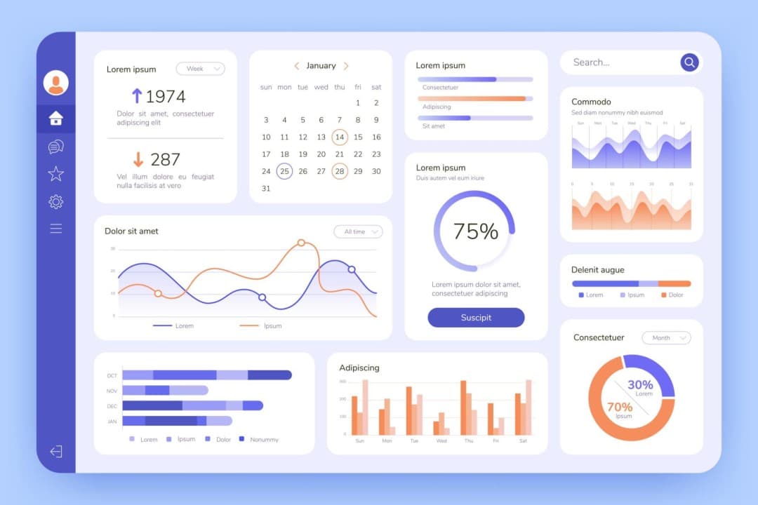 Admin dashboard with charts, tables and data widgets