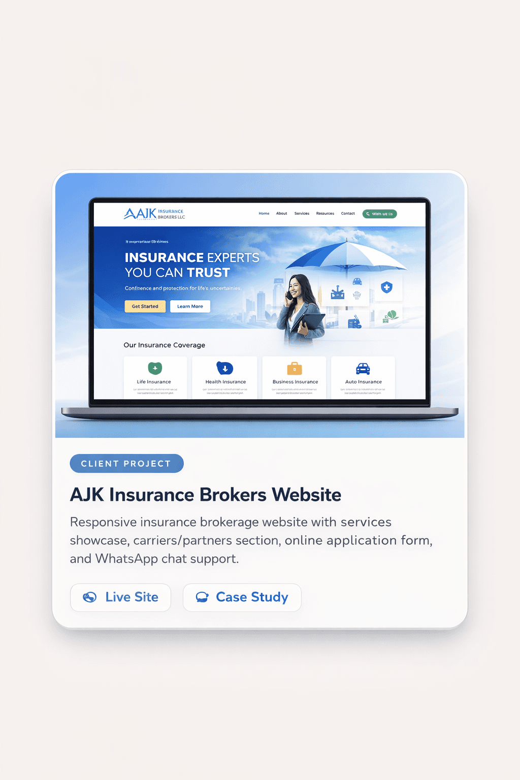 AJK Insurance business website homepage screenshot