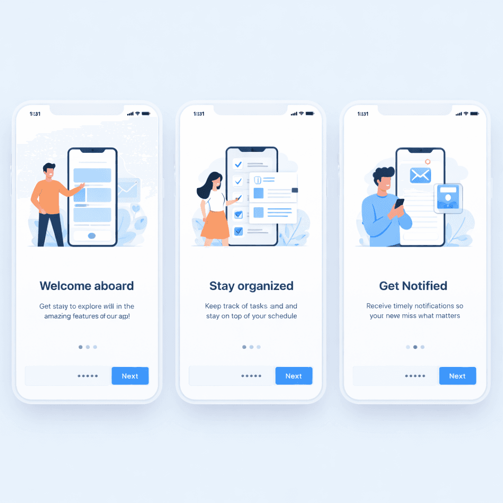 Mobile app onboarding flow design screens