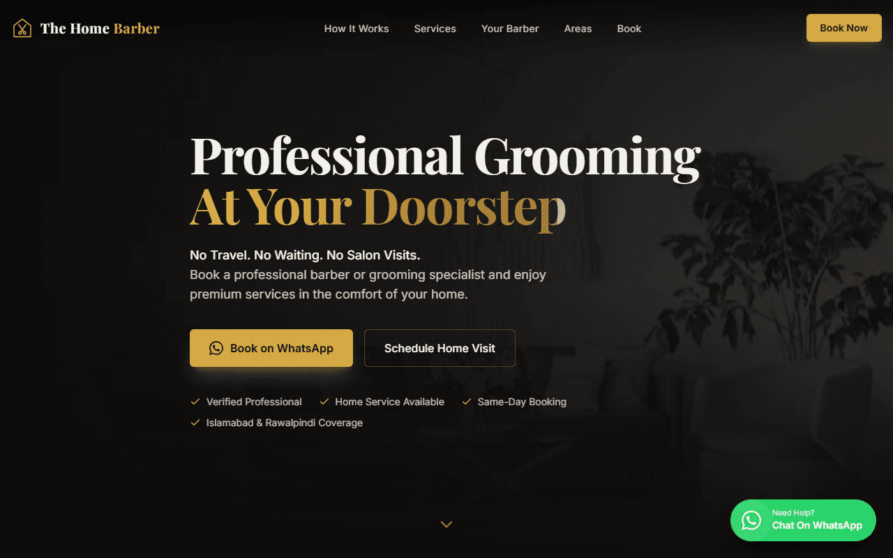The Home Barber at-home grooming service website homepage